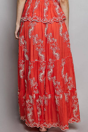 Embroidered Viscose Smocked Waistband Maxi Skirt