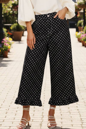 Polka Dot Casual Ruffle Hem Cropped Pants
