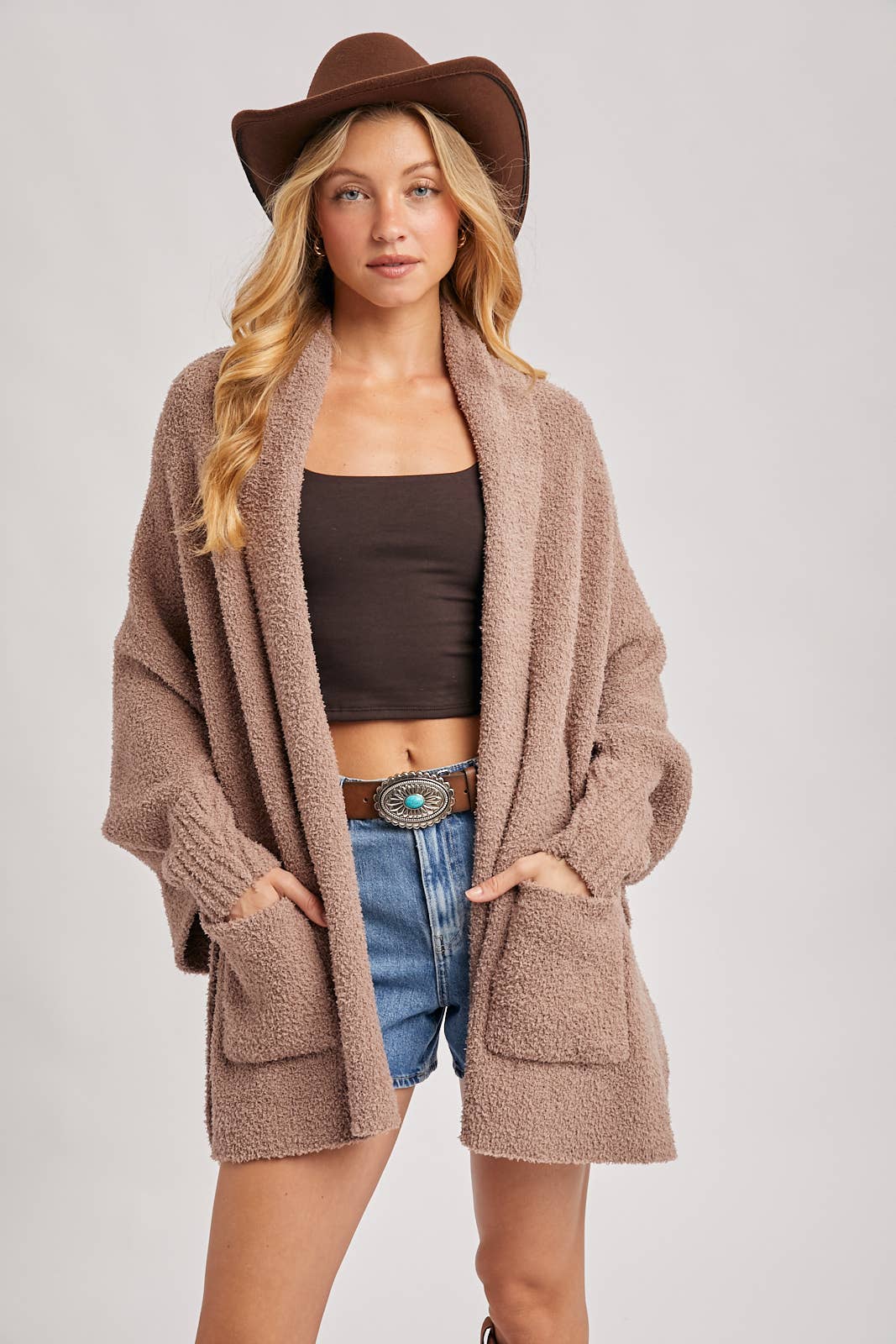 Open Front Blanket Wrap Boucle Knit Cardigan