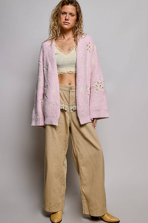 Star Patch Berber Open-Front Cardigan – Baby Pink
