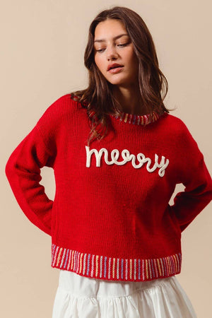 Merry Lettering Embroidered Christmas Sweater Top