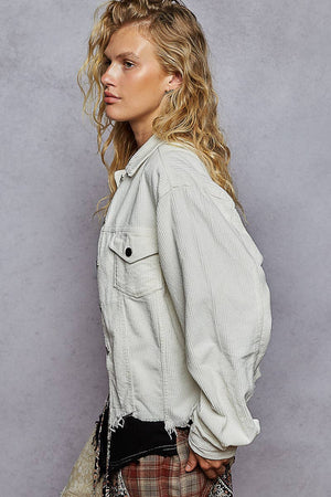 Pocket front button down distressed hem corduroy jacket
