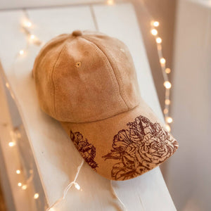 Suede Baseball Hat Burnt Hat Rose Design 