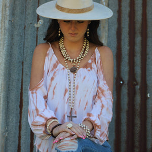 White Turquoise Long Beaded Necklace with Antique Cross