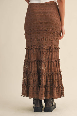 Lace Tiered Ruffle Trim Mermaid Midi Skirt - Black