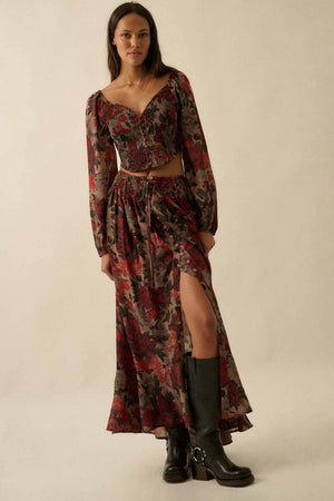 Floral-Print Drawstring Button-Front Maxi Skirt