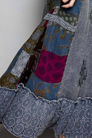 Print Patch Vintage Washing Ruffle Long Skirt