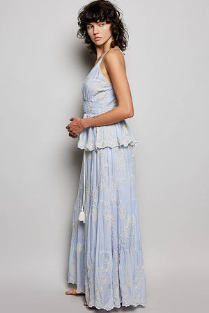 Embroidered Viscose Smocked Waistband Maxi Skirt
