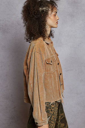 Pocket front button down distressed hem corduroy jacket