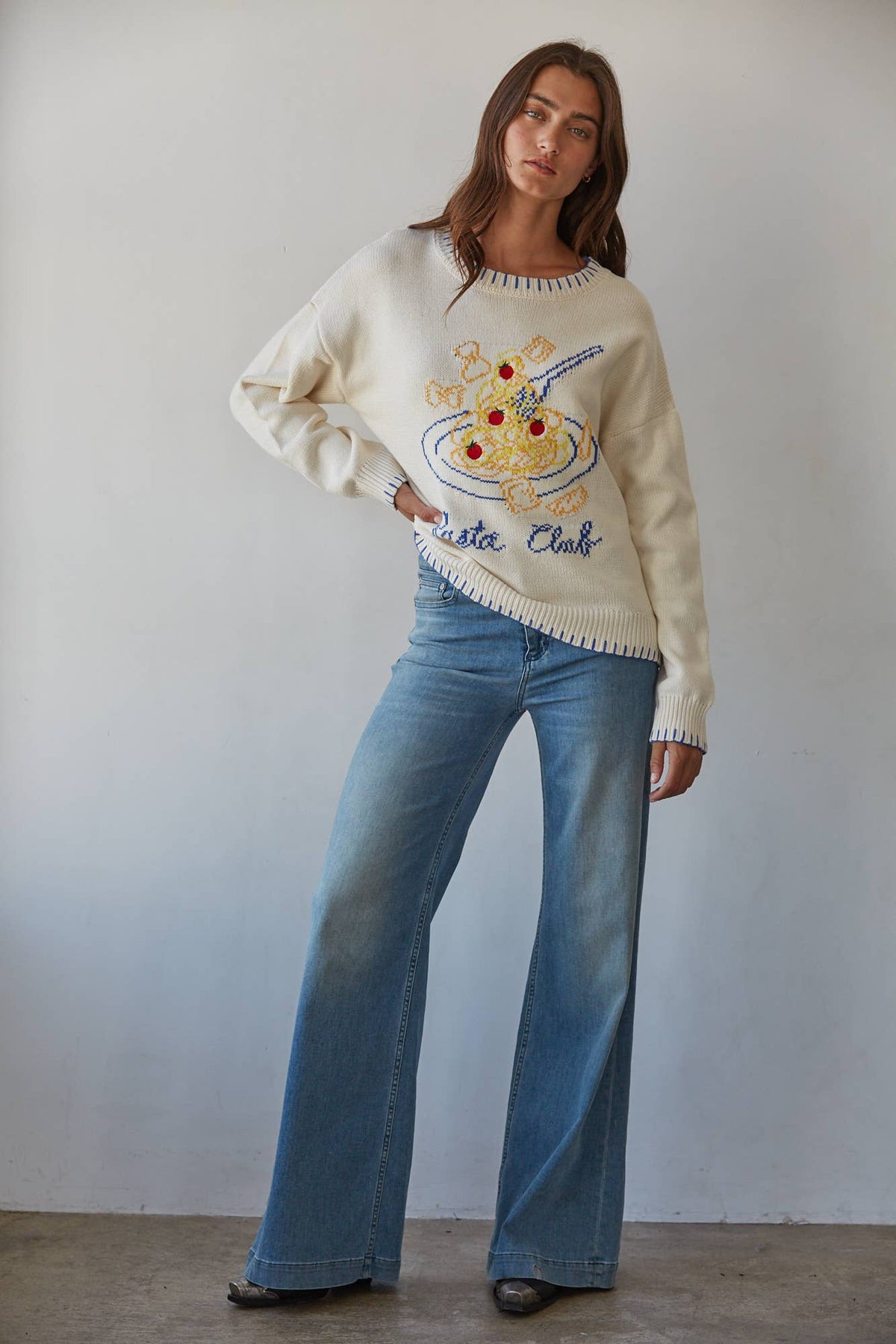 Ivory Blue Knit Pullover Sweater