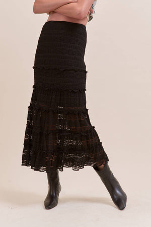 Lace Tiered Ruffle Trim Mermaid Midi Skirt - Black