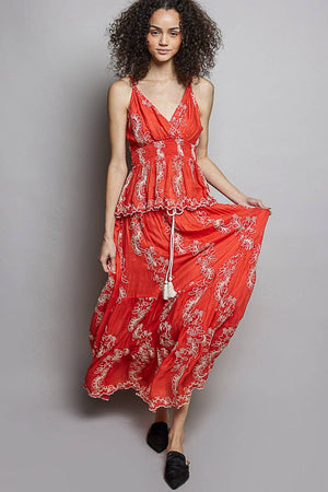 Embroidered Viscose Smocked Waistband Maxi Skirt