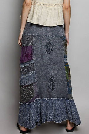 Print Patch Vintage Washing Ruffle Long Skirt