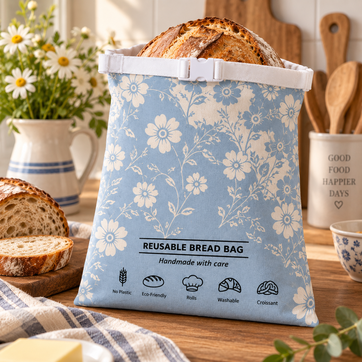 Into the Blue Fields Beeswax-Lined Reusable Bread Bag