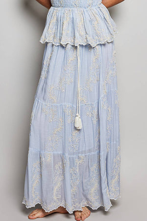 Embroidered Viscose Smocked Waistband Maxi Skirt