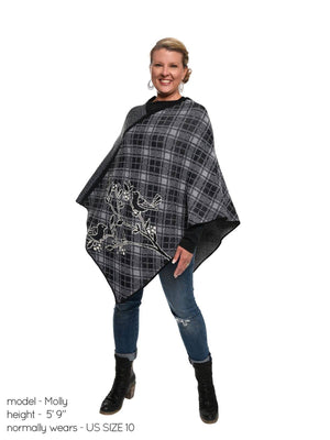 Recycled Cotton Sweater Knit Pullover Poncho - Plaid Birds