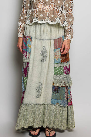 Print Patch Vintage Washing Ruffle Long Skirt