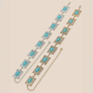 Ornate Western Turquoise Cluster Square Concho Chain Belt
