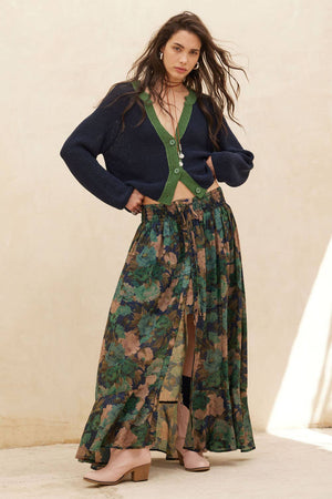 Floral-Print Drawstring Button-Front Maxi Skirt