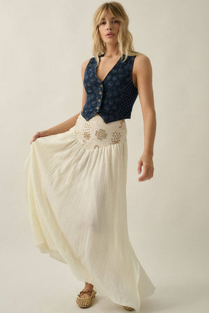 Floral-Embroidered Drop-Waist Yoke Maxi Skirt