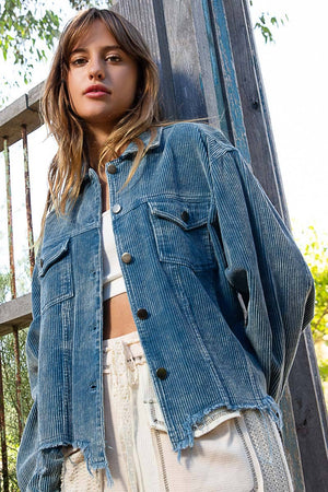 Pocket front button down distressed hem corduroy jacket