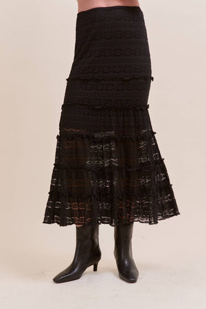 Lace Tiered Ruffle Trim Mermaid Midi Skirt - Black
