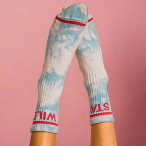 “Stay Wild” Crew Socks – Blue Tie Dye by Atticus Poetry