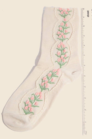 Beige Floral Tulip Vine Embroidered Socks