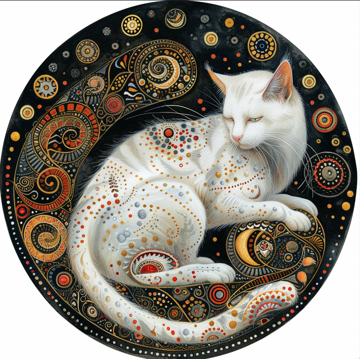 Mystical Cat Art Tambourine and Ribbon Wall Hanging