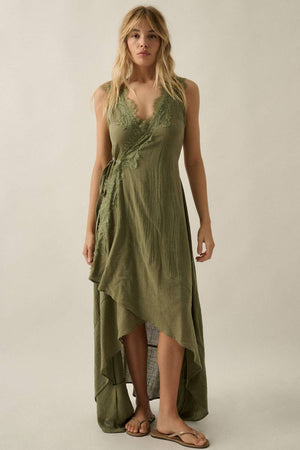 Lace-Trimmed Cotton Gauze Sleeveless Wrap Maxi Dress