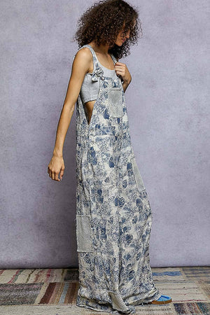 Floral Embroidered Woven Overalls with Crochet Mesh Patches