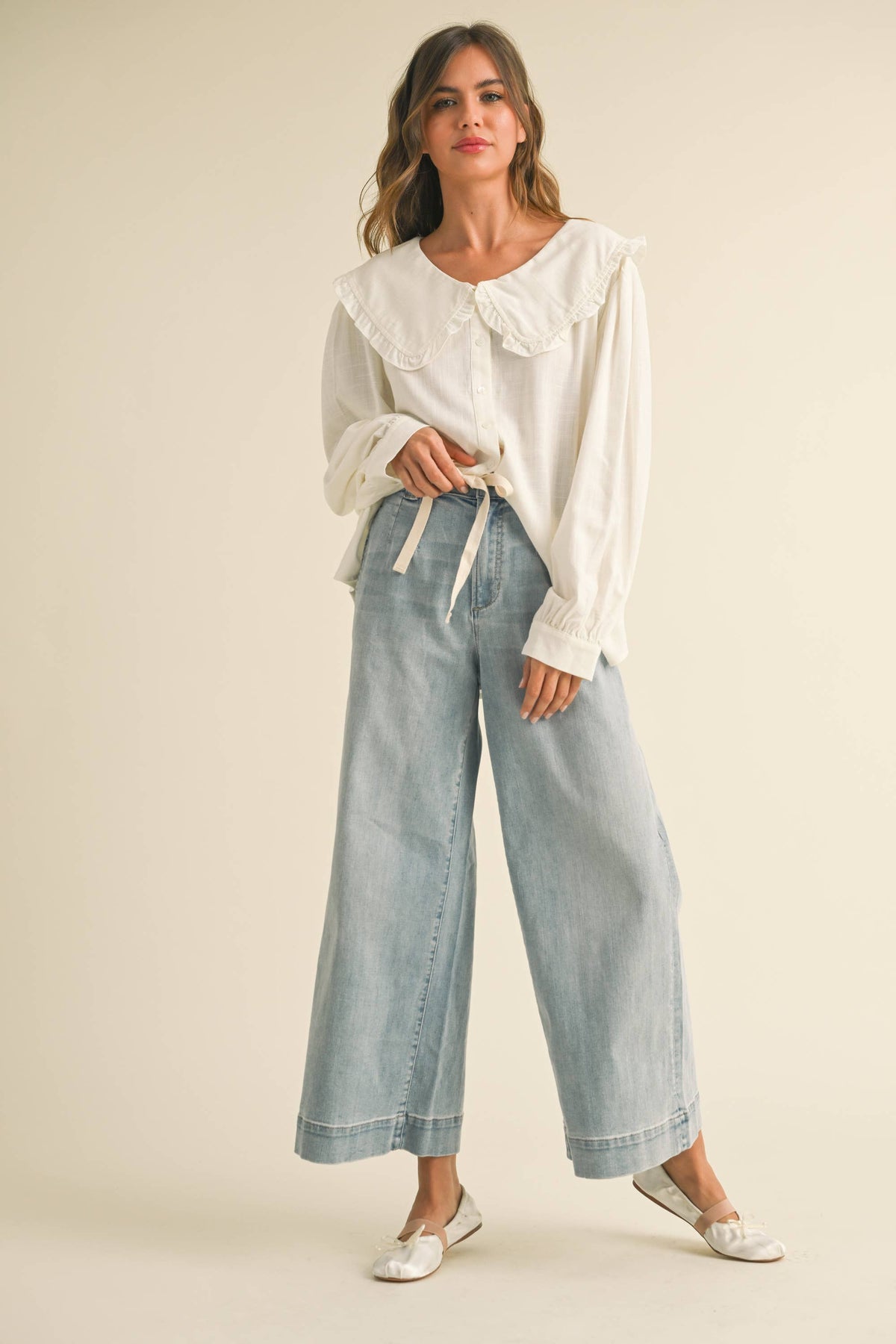 Washed Denim Tie-Front Pants