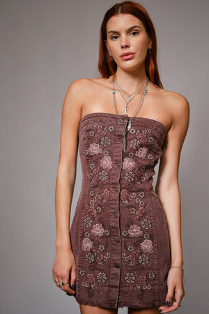 Embroidered Button Up Tube Denim Dress