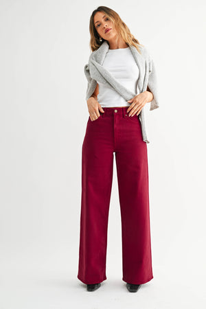 High Rise Palazzo Jeans – Dark Vintage Cherry Red