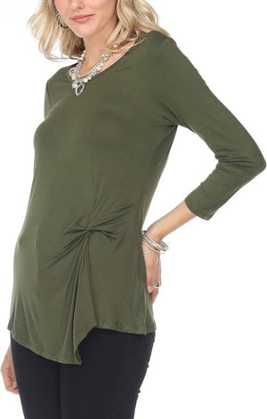 Women 3/4 Long Sleeve V Neck Twisted Knot Casual Top Green