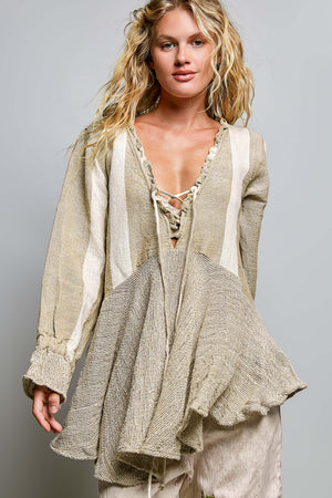 Ruffled Linen Deep V-Neck Striped Top