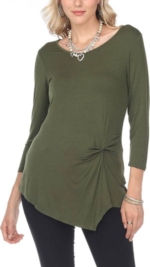 Women 3/4 Long Sleeve V Neck Twisted Knot Casual Top Green