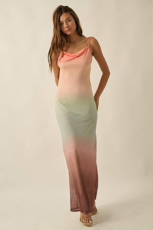 Ombre Mesh Draped Open-Back Maxi Dress