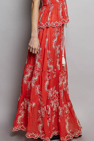 Embroidered Viscose Smocked Waistband Maxi Skirt
