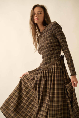 Plaid Long-Sleeve Smocked Drop-Waist Midi Dress