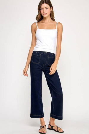 High Waist Cropped Wide Leg Jeans (Dark Denim)