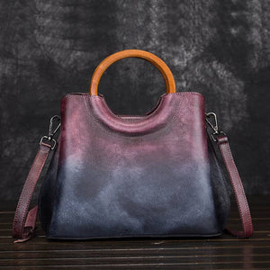 Gradient Leather Handbag with Wooden Handle and Strap