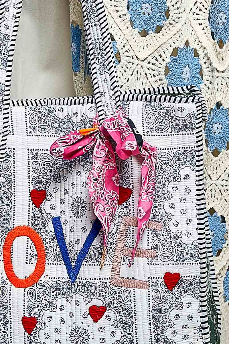 Quilted Natural Paisley LOVE Tote Bag