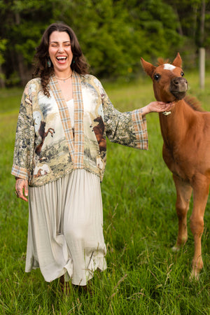 Born to Run Pixie Duster Crop Kimono w/ Horse & Flower Print