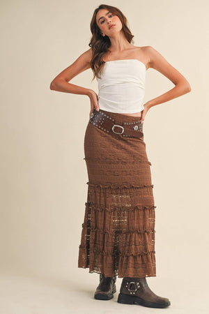 Lace Tiered Ruffle Trim Mermaid Midi Skirt - Black