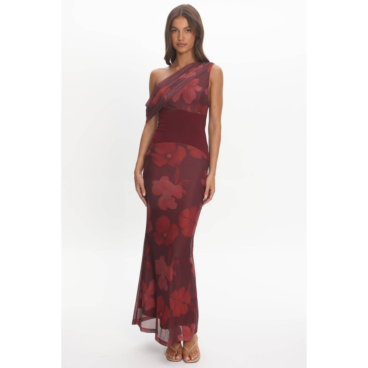 Floral One-Shoulder Draped Maxi Dress