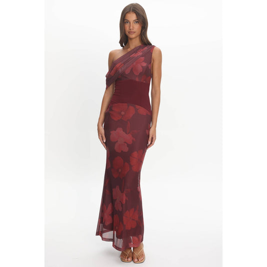 Floral One-Shoulder Draped Maxi Dress