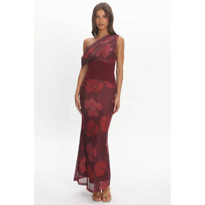 FLORAL ONE SHOULDER DRAPED MAXI DRESS