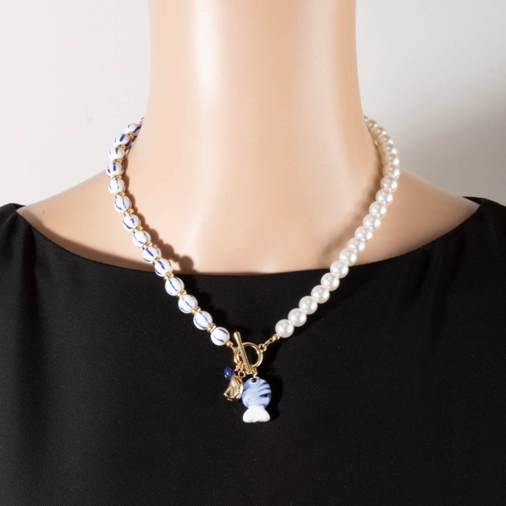 Blue Stripe Pearl Toggle Fish Pendant Necklace