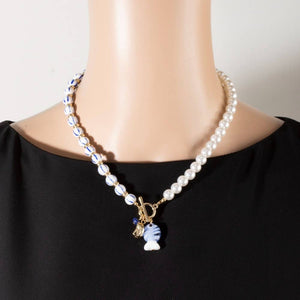 Blue Stripe Pearl Toggle Fish Pendant Necklace